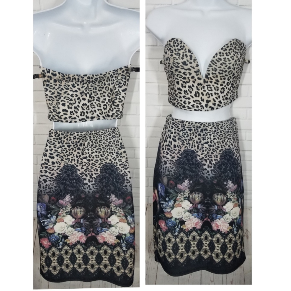 Cheetah Leopard Lace Floral Skirt Set
